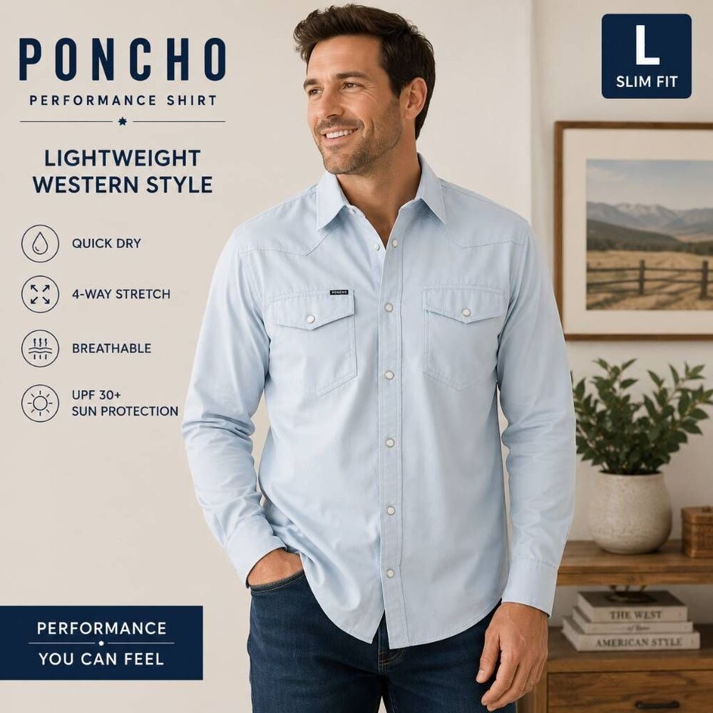 Poncho Men’s L Slim Fit Light Blue Performance Western Snap Shirt